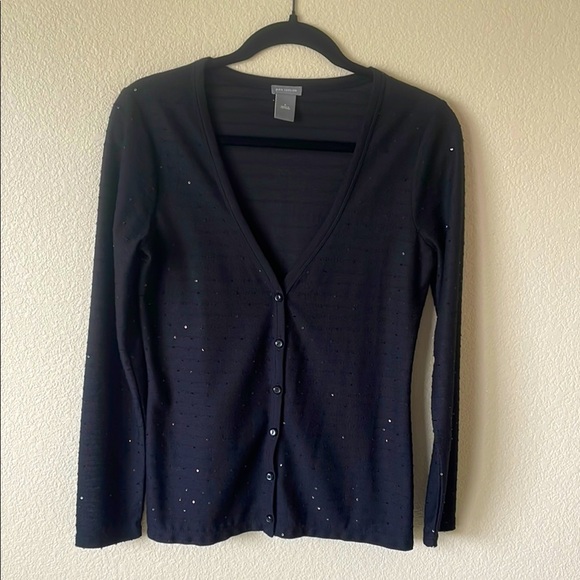 Ann Taylor Sequined Button Front Cardigan Sweater W’s S Black Classic Office Top - Picture 1 of 9
